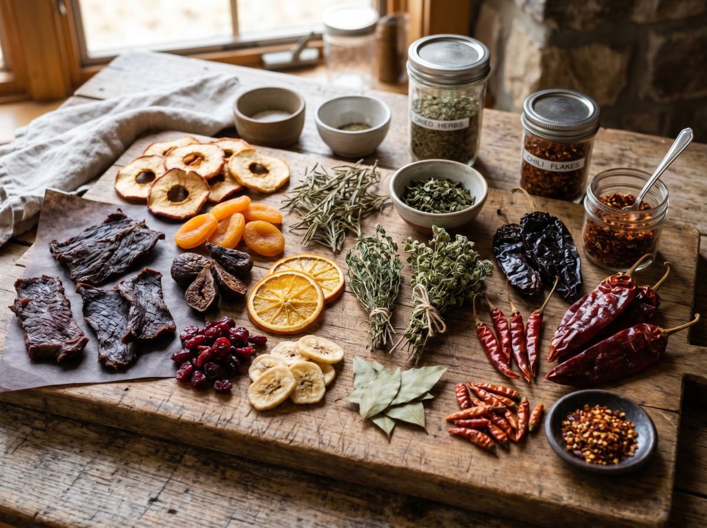 Dehydrated Meat, Fruit, Herbs and peppers